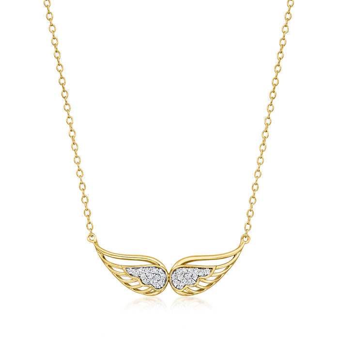 Gold angel wings necklace with small round pave-style stones on the wings pendant