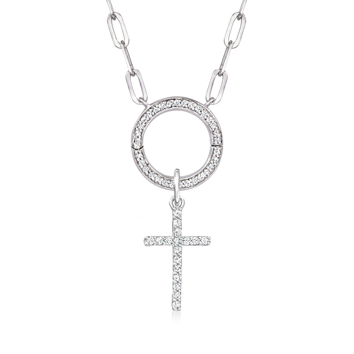 Sterling silver diamond cross charm with round diamond halo and chain links