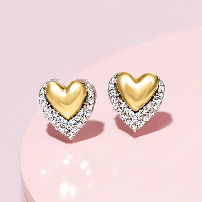 Heart stud earrings with yellow gold center and diamond halo, sterling silver backing