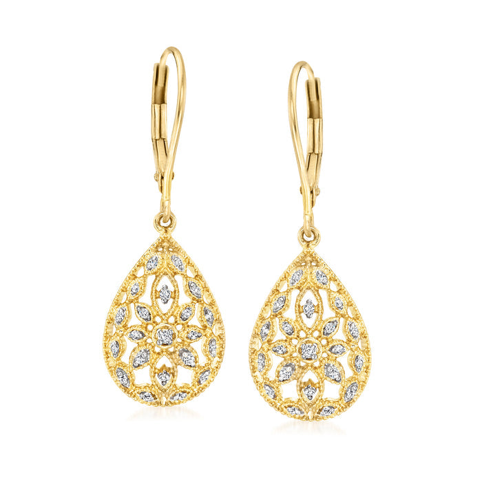 Gold teardrop openwork diamond earrings with leverback backs, 18kt gold over sterling
