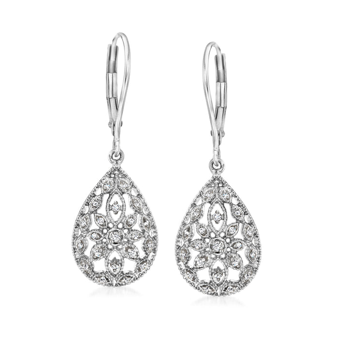 Sterling silver teardrop leverback earrings with openwork diamond-style filigree