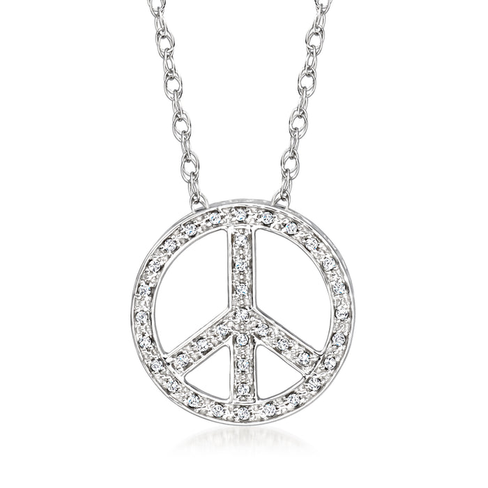 Sterling silver peace sign pendant necklace with round diamond accents on link chain