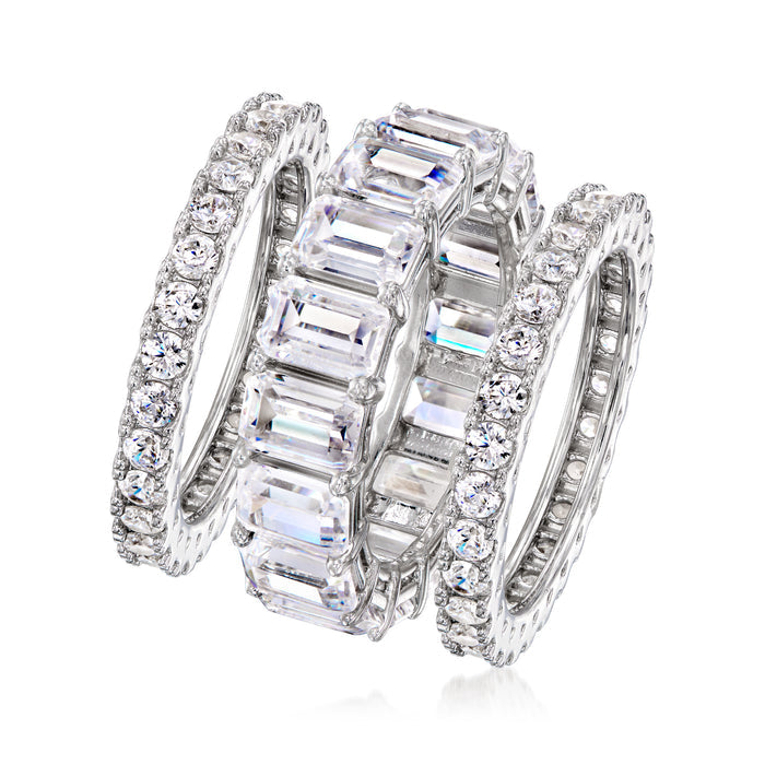 Three CZ eternity bands in sterling silver, shown at an angled side view