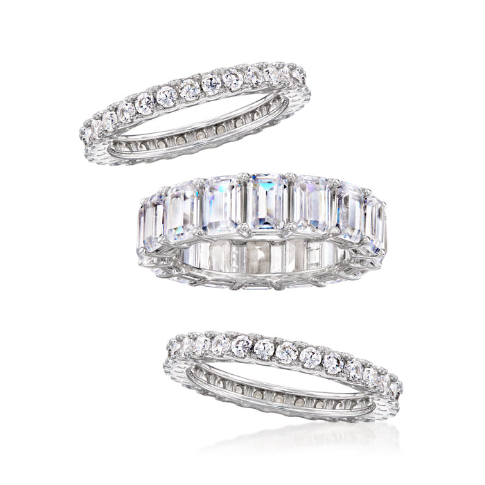 Set of three sterling silver CZ eternity bands, laid out side-by-side