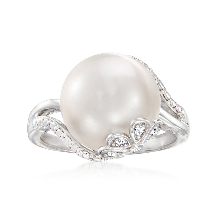 Sterling silver ring with large white cultured pearl and diamond accents, openwork setting