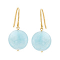 14kt yellow gold earwire drop earrings with round aquamarine-blue gemstone