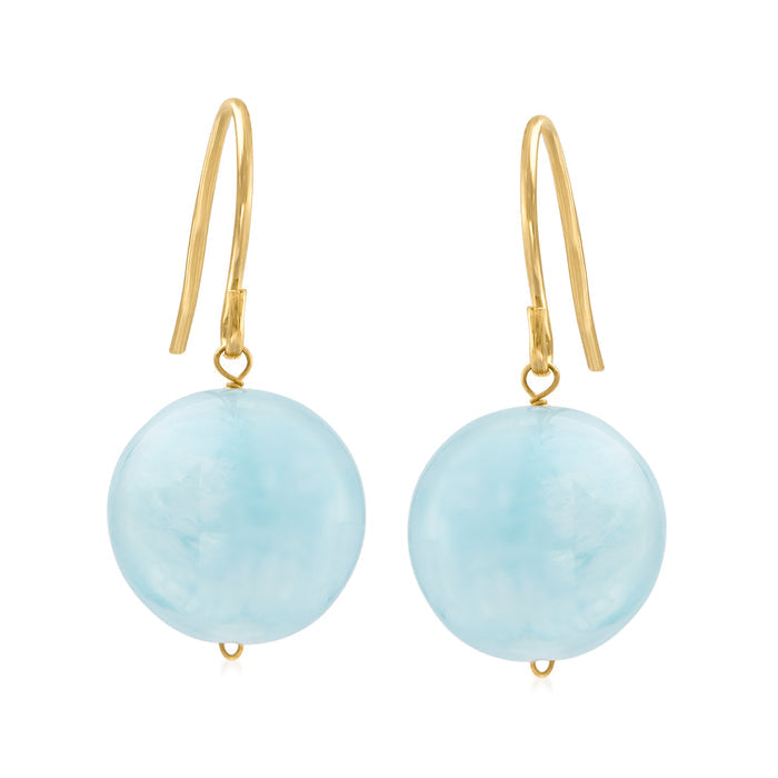 14kt yellow gold earwire drop earrings with round aquamarine-blue gemstone