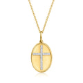 Gold oval pendant necklace with diamond cross on a link chain