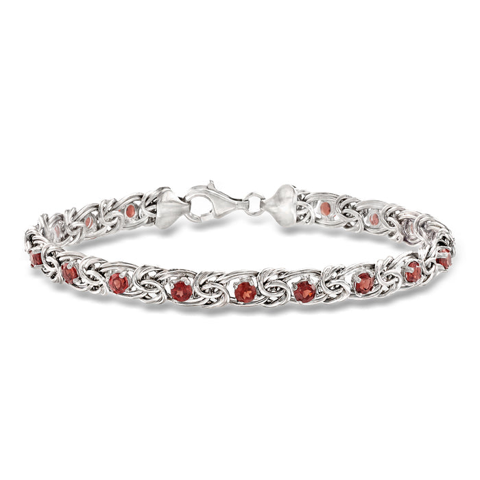 Sterling silver Byzantine bracelet with round red garnet-style stones, hinged clasp