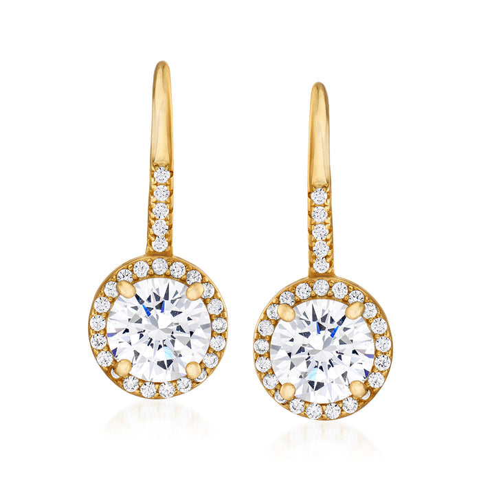 Gold-tone CZ drop earrings with round halo stones, leverback hooks.