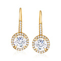 Gold-tone CZ drop earrings with round halo stones, leverback hooks.