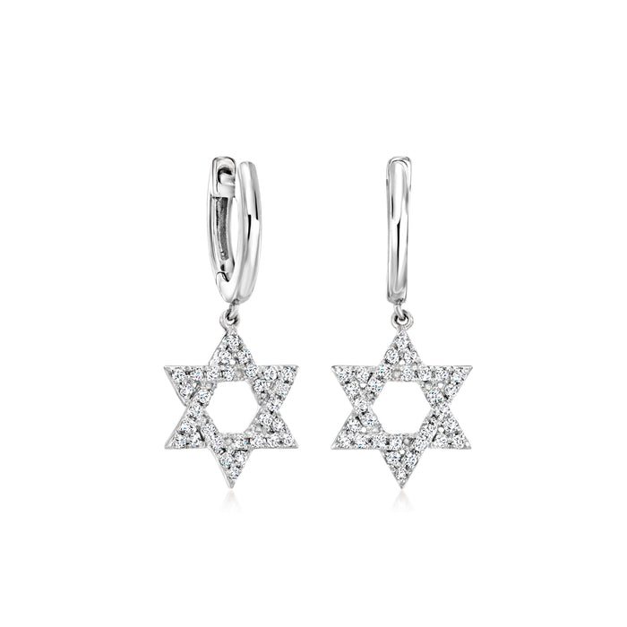 Sterling silver Star of David diamond hoop drop earrings with pave sparkle