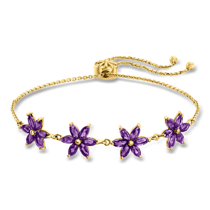 18kt gold over sterling bolo bracelet with purple flower accents