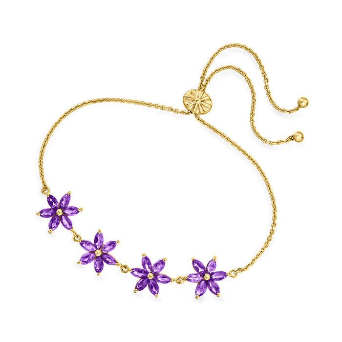 Bolo bracelet with gold chain and purple five-petal flower links