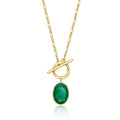 Gold toggle necklace with oval green gemstone pendant and fine chain