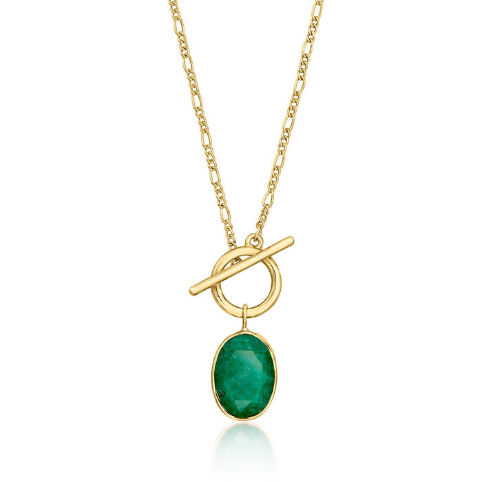 Gold toggle necklace with oval green gemstone pendant and fine chain