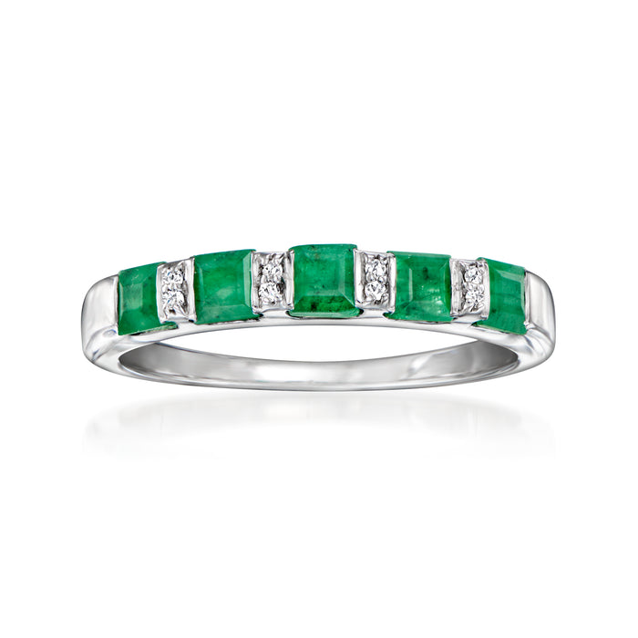 Sterling silver emerald and diamond ring with five green square stones