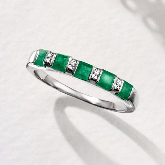 Sterling silver emerald and diamond ring with green square stones and clear accents