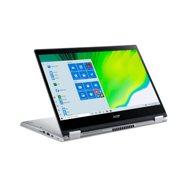 A silver Acer Spin SP314-54N convertible laptop in tent mode showcases the Windows 11 Home start menu and vibrant wallpaper, with its slim side profile emphasizing convenient ports and vents for versatile, efficient connectivity.