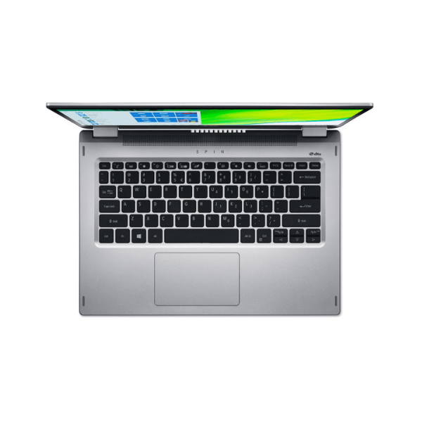 The Acer Spin SP314-54N laptop, seen from above with its screen partially open, showcases a sleek black keyboard, spacious touchpad, and a vibrant green-blue desktop on its 14" FHD display.