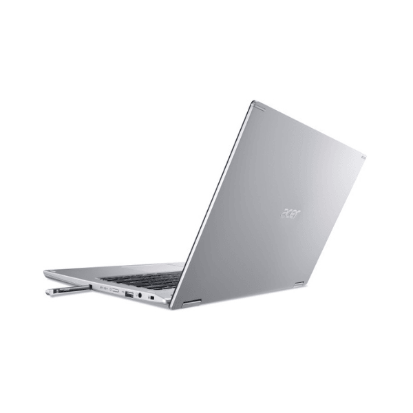 The Acer Spin SP314-54N Laptop is shown partially open from a rear side angle, displaying its multiple ports and handy stylus on the left. Its sleek silver design and 14" FHD screen stand out against a clean white background.
