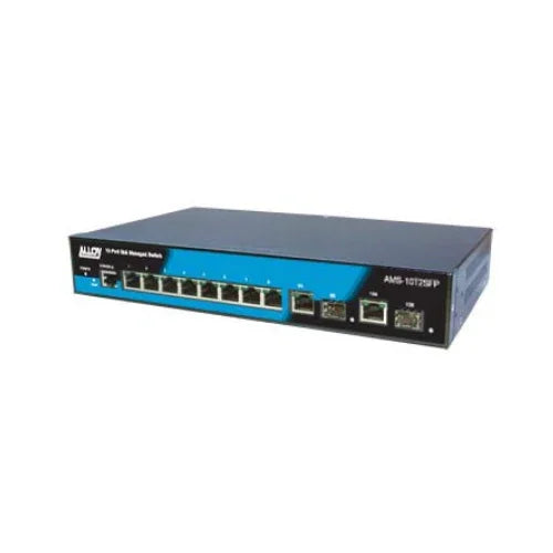 The Alloy APS-10T2SFP is a Layer 2+ managed switch with 8 Gigabit PoE+ ports and 2 SFP fiber ports, featuring a sleek black and blue design.