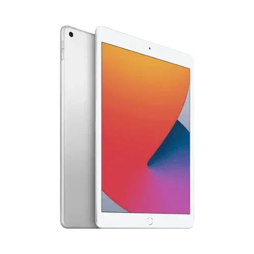 A certified refurbished Apple iPad 8 Cellular Silver 32GB by Apple is shown front and back, featuring a white bezel and a vibrant abstract wallpaper in orange, red, blue, and purple. This 10.1" tablet runs on an A12 Bionic chip.