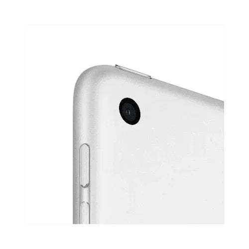 Close-up of the top corner of a certified refurbished Apple iPad 8 Cellular Silver 32GB 10.1", highlighting the rear camera, volume, and power buttons on the side with WiFi + Cellular connectivity.