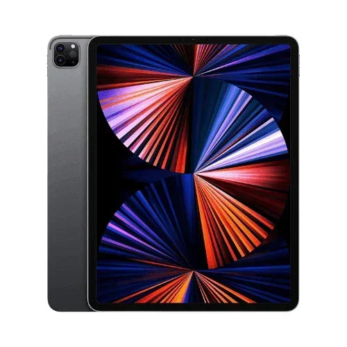 The Apple iPad Pro 12.9" 5th Gen WIFI + Cell 256GB Space Grey (refurbished) by Apple features a sleek M1 chip design with thin bezels and is shown from the front and partially back, displaying a colorful abstract pattern. AU STOCK | Wty.