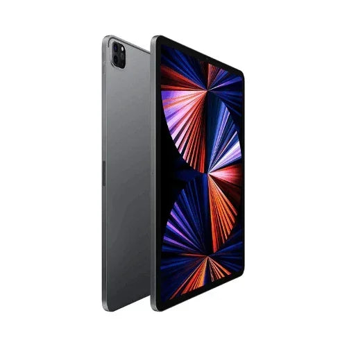 A refurbished Apple iPad Pro 12.9" 5th Gen WIFI + Cell 256GB in Space Grey (AU STOCK) is shown from back and front angles, featuring a vivid geometric display and highlighting the powerful M1 chip.