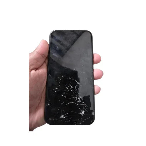 A hand holding an Apple iPhone 11 128GB Black Unlocked Smartphone with a broken LCD, perfect for showcasing the need for Apple repairs or replacement parts.