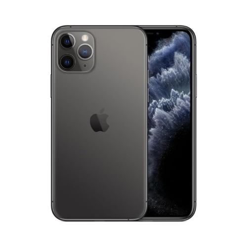 The Apple iPhone 11 Pro 64GB Space Gray Unlocked, shown in black with triple rear cameras, displays a cloudy wallpaper on the front and features the Apple logo on the back. *Note: No Face ID.*.