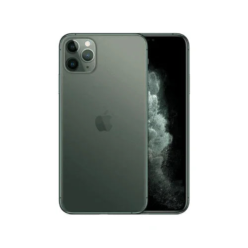 An unlocked, certified refurbished Apple iPhone 11 Pro Max 256GB in Midnight Green by Apple is shown—one device displays the dark screen, while the other shows the back with triple cameras and Apple logo. Includes 1-year warranty.