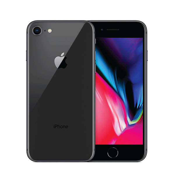 A black Apple iPhone 8 Space Grey 64GB Unlocked Smartphone by Apple is shown front and back. The back features the Apple logo and camera; the front displays a vibrant screen with a circular home button. Certified Refurbished, 4G LTE, Touch ID, 4.7" display.