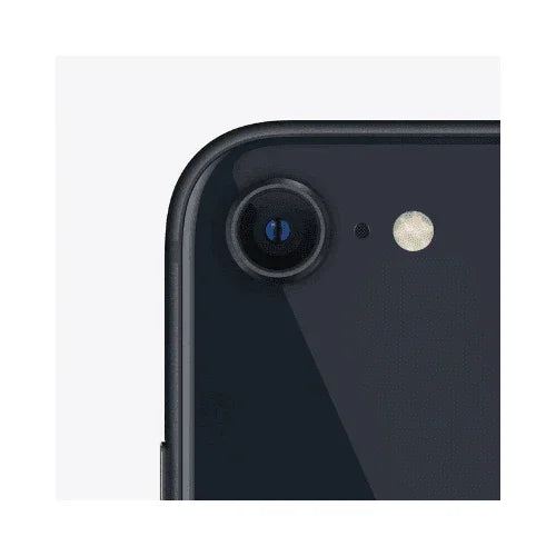 Close-up of the top corner of an Apple iPhone SE 2022 3rd Gen 64GB Midnight Smartphone (LOCKED), showing its camera lens, flash, and microphone on a white background.