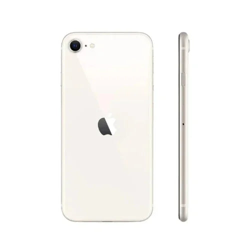 The Apple iPhone SE 2022 3rd Gen 64GB Starlight Unlocked (AU STOCK) shows its slim profile, single rear camera, and Apple logo—an ideal everyday smartphone with visible side volume buttons. Brand: Apple.