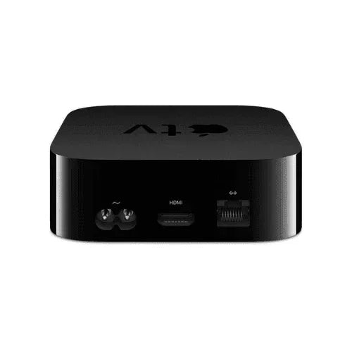 A refurbished Apple TV 4K 2017 (64GB, Black) by Apple is shown from the back with power, HDMI, and Ethernet ports against a white background—ideal for ultra HD streaming and affordable home entertainment.