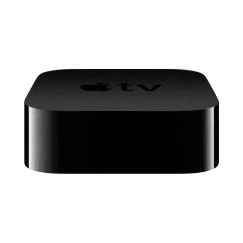A refurbished Apple TV 4K 2017 64GB in black from Apple, seen from the front with a sleek rectangular design and tv logo—ideal for affordable, ultra HD home entertainment streaming.