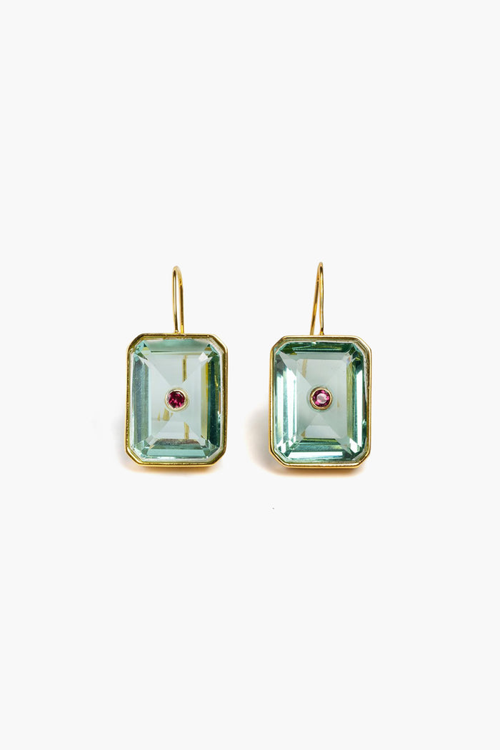 A pair of Lizzie Fortunato rectangle drop earrings with green gemstones in gold-plated brass, each centered with a small red stone.