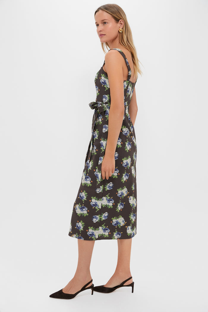 Brown & Blue Floral Wrap Tasha Midi Dress