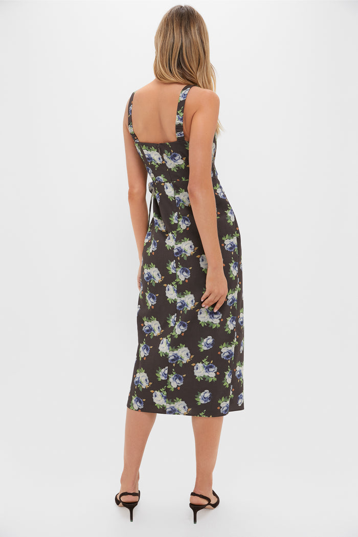 Brown & Blue Floral Wrap Tasha Midi Dress