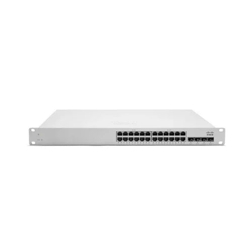 A refurbished Cisco Meraki MS220-24P 24-Port Gigabit PoE+ Managed Switch 370W (Cisco) is rack-mounted in a standard 1U enclosure, displaying its front side with all Ethernet and additional ports visible.