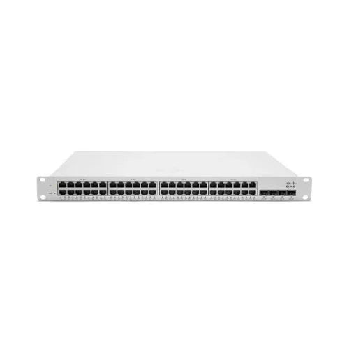 Front view of the Cisco Meraki MS220-48FP 48-Port Gigabit PoE+ Managed Switch (720W), designed for rack mounting, displaying 48 Ethernet ports and 4 additional ports on the right. The Cisco logo appears on the top right.