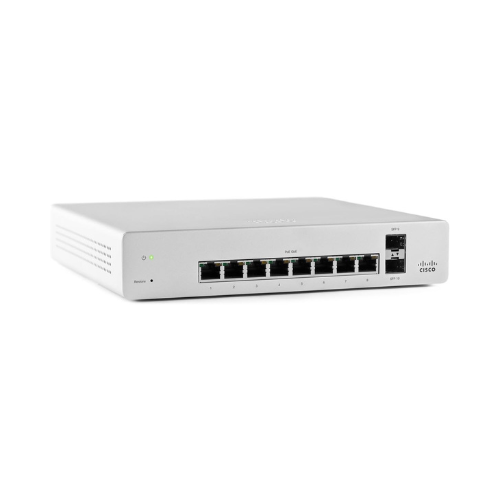 A silver Cisco Meraki MS220-8P 8-Port Gigabit PoE+ Cloud Managed Switch by Cisco Meraki with front panel indicator lights, displayed on a white background.