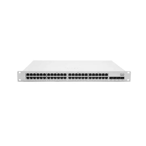 A front view of an unclaimed Cisco Meraki MS225-48LP 48-Port Gigabit PoE+ switch, designed for rack mounting, with 48 Ethernet ports and additional smaller ports on the right side.