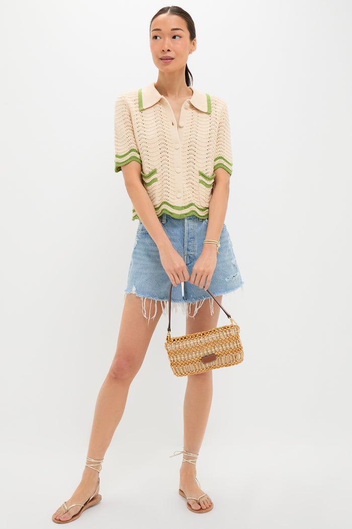 Cream and Sage Amelia Scallop Hem Button Up Crochet Cardigan