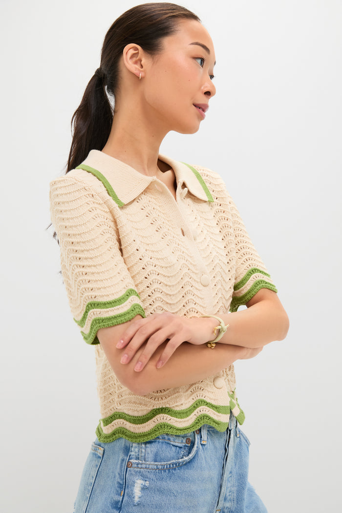 Cream and Sage Amelia Scallop Hem Button Up Crochet Cardigan