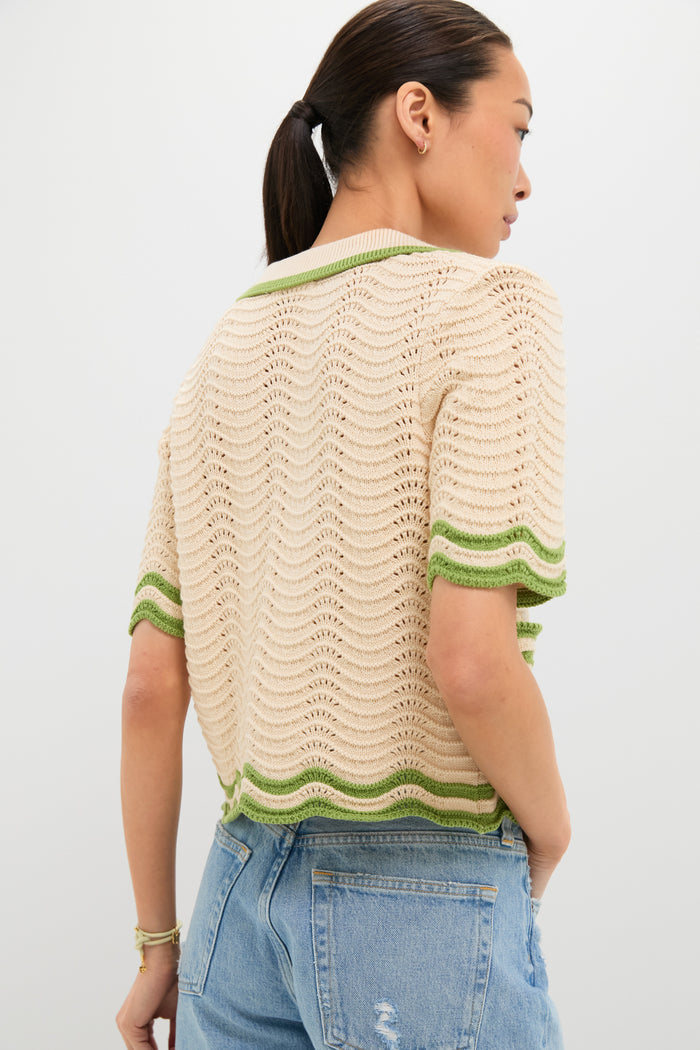 Cream and Sage Amelia Scallop Hem Button Up Crochet Cardigan