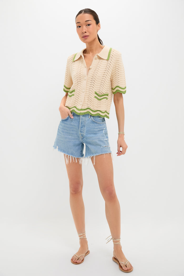 Cream and Sage Amelia Scallop Hem Button Up Crochet Cardigan