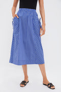 Dark Blue and White Kendall Play Stripe Midi A-Line Skirt